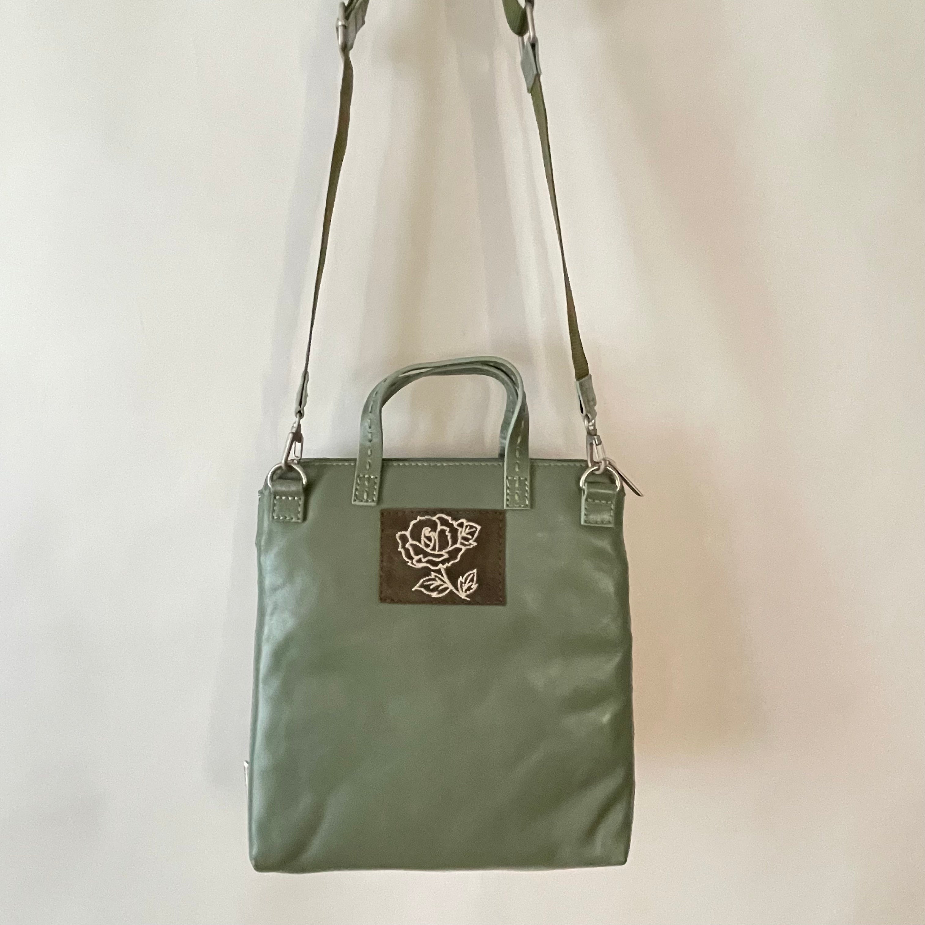Premium Collection | Small Nylon x Leather Mix Cross-Body Shoulder Bag with Metal Zipper Pulls and Rose Embroidery | Sage
